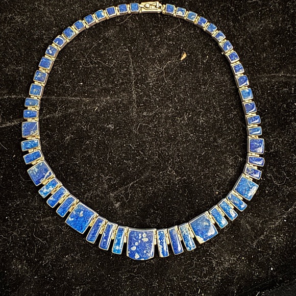 Unknown Jewelry - Lapis plata 950 Elegant Blue Stone Necklace hinged